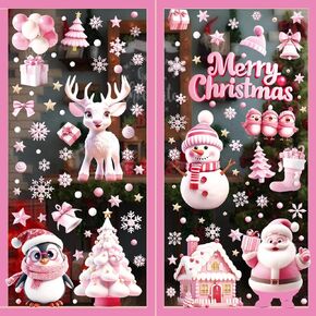 9 Sheets Christmas Window Clings, 3D Pink Santa Claus Snowman Penguin Deer Snowflake Christmas Tree Glass Door and Window Double-Sided Winter Holiday Decoration Sticker