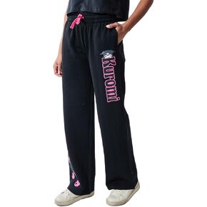 بنطال رياضي للسيدات من Bioworld Kuromi Pink Skulls أسود مستقيم الساق برباط أمامي