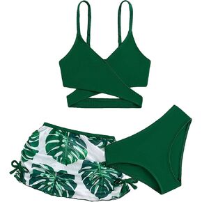 OYOANGLE Girl's 3 Piece Bikini Swimsuit Set Spaghetti Strap Crisscross Front Bikini with Print Beach Skirt Cover Up Sets