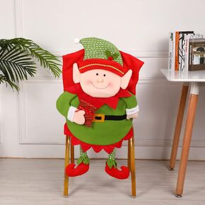 Christmas Chair Back Covers Set of 6, Cute Santa Claus Snowman Elf Xmas Dinner Chair Cover, Kitchen Dining Chair Slipcovers for Dining Room Christmas Holiday Decor