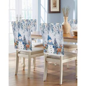 DecorLovee Blue Christmas Snowman Chair Back Cover, Xmas Tree Snowflake Dining Chair Protector Covers, Botanical Elk Chair Covers Removable Chair Slipcovers for Weeding Banquet Party 19"x20", 4 Pack