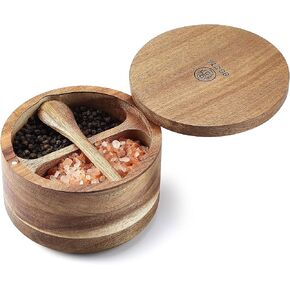 Acacia Salt and Pepper Box with Swivel Lid and Embedded Spoon, Magnetic Closure Lid to keep the dust out, Salt Cellar Bowl Container to Storage Pepper Spice Herb Sea Salt, Dual 5 Oz Capacity