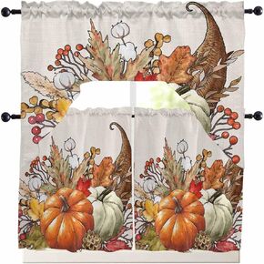 Fall Pumpkin Swag Kitchen Curtains Valance and Tier Set 24 Inch Length, Country Harvest Autumn Maple Leaf Flower Rod Pocket Swag Curtains for Living Room Bedroom Bathroom Window Drapes 3 Piece