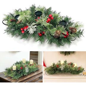 TURNMEON 30 Inch Artificial Christmas Table Centerpiece with 3 Candle Holders, Red Berries and Pine Cones, Christmas Candle Holder Table Accent Centerpiece for Kitchen Indoor Home Christmas Decoration