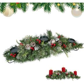 30 Inch Christmas Candle Holders with 3 Candle Wick Trays, Table Centerpiece Christmas Wreath Candle Holder with Artificial Pine Cones and Red Cherry, Christmas Table Centerpiece Decorations
