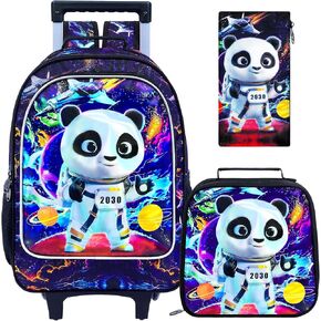 3Pcs Soccer Rolling Backpack for Boys, Kids School Backpacks with Wheels, Roller Bookbag with Lunch Box for Elementary Preschool(Ice and Fire)