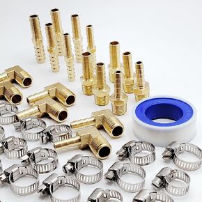 45Pcs Brass Air Fittings Assortment, Include Hose Splicer,Male hose barb, Elbow hose fitting and hose Clamps, Hose Fittings for Air/Oil/water/Gas Hose