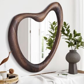 Asymmetrical Accent Mirror for Wall Irregular Wood Frame Modern Unique Wall Mirror Decorative Vanity Bathroom Living Room Bedroom Entryway Hallway Artistic Wavy Mirror Large 20"x16" Rustic Brown