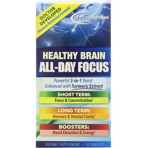 Applied Nutrition Healthy Brain All-Day Focus - 50 Tablets - Powerful 3-in-1 Brain Booster with Turmeric Extract - 25 Servings
