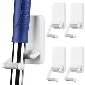 NiHome Multi-Use Wall Mounted Mop Holders 4PCS for Mops, Brooms, Tools, Umbrellas, Kitchen & Bathroom Supplies, Space-Saving Broom Holder with 180° Rotating Design, Self-Adhesive No-Drill Installation