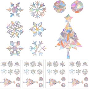 4 Sheets/36pcs Rainbow Christmas Window Clings, Reflective Anti-Collision Snowflake Window Decals for Bird Strikes Christmas Snow Window Stickers Prismatic Anti Collision Clings for Home Decoration