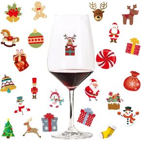Furimuk 48 Pieces Christmas Wine Glass Drink Markers Funny Stickers, Santa Claus, moose, bells, Christmas tree Wine Glasses Static Stickers for Christmas Party Wine Tasting Party Favors Dinner Party