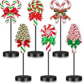 Geetery 6 Pcs Christmas Wooden Table Decor Christmas Table Centerpiece Candy Cane Themed Party Wood Table Decoration Rustic Farmhouse Tabletop Decor for Home Xmas Holiday Party Kitchen Decor
