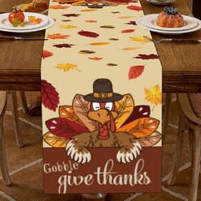 Brown Turkey Thanksgiving Table Runner -70.86 x 13.77 inches,Gobble Turkey with Give Thanks Brown Orange Table Runner for Indoor Outdoor Table Decoration,Home Thanksgiving Decorations for Table