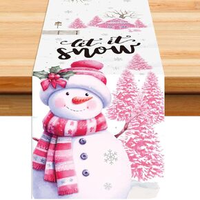 Christmas Table Runner Pink Snowman Let It Snow Table Runner Christmas Xmas Kitchen Dining Table Decor Seasonal Winter Holiday Home Party Decorations, 13x72 Inch