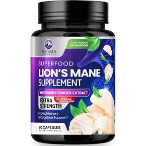 Lions Mane Supplement Mushroom Capsules 10,000mg, Lions Mane Mushroom Supplement Capsules for Memory and Focus Support, Brain, Immune Health Support, Non-GMO Lion’s Mane Powder Extract - 60 Capsules