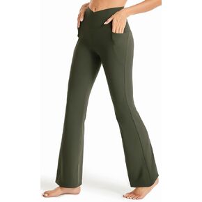Maxbee Yoga Pants with Pockets for Women V Crossover High Waisted Flare Bootcut Leggings Workout Bootleg Dress Pants Tummy Control