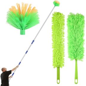 17 Foot High Reach Dusting Kit with with 5-8ft FT Extension Pole High Ceiling Duster, Cobweb Remover, Feather Duster & Fan Blade Cleaner | Sturdy Telescopic Pole for Indoor & Outdoor Use 3-Pack