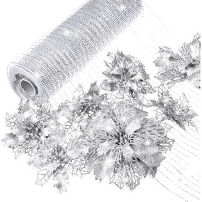 Yeshone 20 Pcs Christmas Glitter Poinsettia Faux Flowers with 30 ft Christmas Mesh Ribbon Rolls Christmas Tree Ornament Christmas Flowers Xmas Tree Wreaths Decor for Christmas Wedding(Rose Gold)