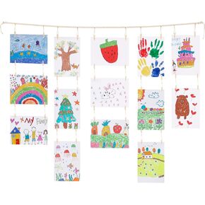 Kids Art Display Wall Decor, Wooden Beads Garland Frame Holder with 34 Clips for Kids Artwork, Photo, Wall Hanging Boho Room Bedroom Decor