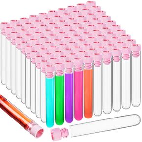 100 Pcs Plastic Test Tubes 16 x 100mm Clear Test Tube with Caps for Lab Plastic Test Vials Joint Tubes for Plants Beads Party Nurse Halloween Party Favors Decorations(Red)