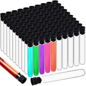 100 Pcs Plastic Test Tubes 16 x 100mm Clear Test Tube with Caps for Lab Plastic Test Vials Joint Tubes for Plants Beads Party Nurse Halloween Party Favors Decorations(Red)