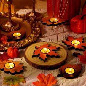 Marsui 6 Pcs Fall Thanksgiving Candle Holders with 10 White Candle Maple Leaves Harvest Table Centerpiece Decor Tealight Candle Holders for Home Tabletop Autumn Party Mantel Decorations