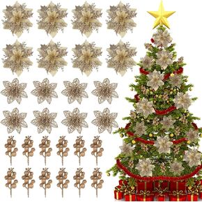 BSTDECOR Red Gold Poinsettia Flowers for Christmas Tree, 28 Pack Christmas Flowers Artificial and Berry Stems for Christmas Decorations Home Decor for Holiday Weeding Wreath Party Indoor Outdoor