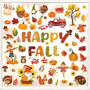 10 Sheets Happy Fall Window Clings Decoration Cute Cartoon Autumn Window Stickers Thanksgiving Harvest Window Decals for Party Classroom Home Office Decoration Supplies