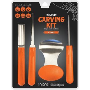 Pumpkin Carving Kit, 10-Piece Jack-O-Lantern Decorating Craft Set, 4 Tools + 6 Halloween Stencil Designs
