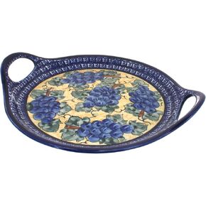 Blue Rose Polish Pottery Evergreen Round Tray with Handles