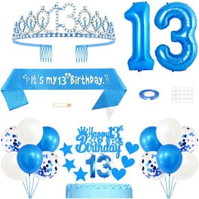 13th Birthday Decorations for Women, Birthday Princess Crown Queen Tiara, It's My 13th Birthday Sash, 13 Year old Birthday Cake Topper Number Candles Balloons Set for Birthday Party Supplies, Blue