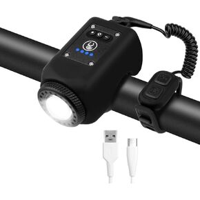 Bike Horn with Light, 110 dB Bicycle Electric Horn Front Headlight, 6 Sounds and 4 Light Modes, Adjustable Brightness Volume, USB Rechargeable, Battery Powered