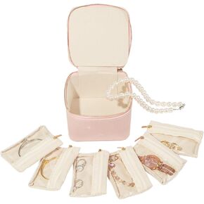 Travel Jewelry Case Organizer, Small Jewelry Box with 6 Velvet Jewelry Zipper Bags, Gifts for Women Girls (White)