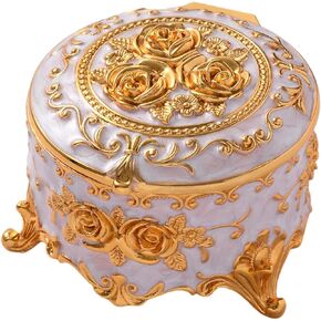 Vintage Jewelry Box, Gold Round Treasure Ring Box, Metal Trinket Organizer Keepsake Box Gift for Girl Women, Beige