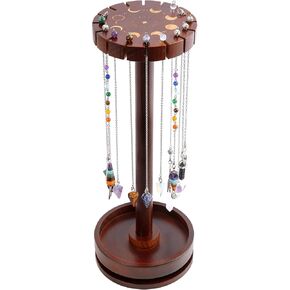 Moon Phase Pendulum Display Stand with Tray, Wood Wiccan Rotating Crystal Holder for Up 16 Divination Dowsing Pendulums, Witch Organizer for Necklace Healing Stone Gift Rack