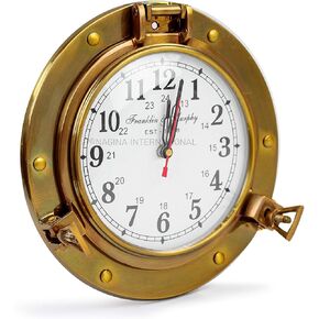 Nagina International 9" Antique Brass Premium Nautical Wall Decor Vintage Time's Clock | Pirate's Porthole Decorative Clock (Franklin & Murphy's Vintage Dial)