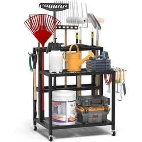 Garden Tool Organizer for Garage,3 Tier Utility Yard Tool Organizer and Storage Holder with Wheels,Garden Tool Rack up to 77 Handled Tools,Heavy duty Steel Garden Tool Storage for Outdoor,Yard