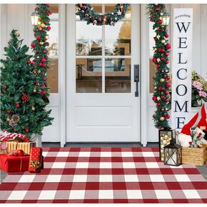USTIDE Red and White Buffalo Plaid Rug 3'x5', Christmas Front Porch Rug Outdoor Rug Cotton Hand-Woven Checkered Washable Rug for Layered Door Mats Carpet for Porch, Entryway