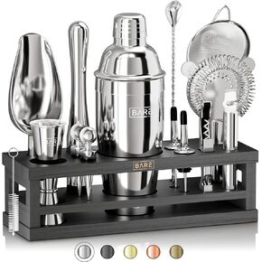 BARE BARREL® Mixology Bartender Kit Bar Set | 16-Piece Cocktail Shaker Set | Martini Barware Mixing Tools for Home Bartending | Incl. 35 Recipe Cards | Gift Set (24oz Cobbler Shaker, Jet Black/Black)