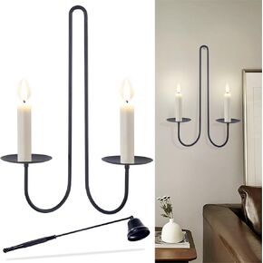Double Armed Candle Sconce Holder, Set of 2 Wall Candle Holders with Candle Snuffer, Modern Wall Iron Candle Sconces Hanging Decorations for Living Room, Farmhouse, Fireplace, Wedding(Black)