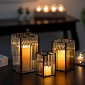 Glasseam Hurricane Glass Candle Holder: Ribbed Gold Pillar Candle Holders Set of 3 Square Metal Candle Holders for Table Centerpiece Modern Small Lanterns Decorative Indoor for Christmas Wedding Decor