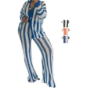 Outfits Crochet Knit Long Sleeve Button Down Shirt Wide Leg Pants Beach Vacation Sets Womens 2 Piece Fashion Suit