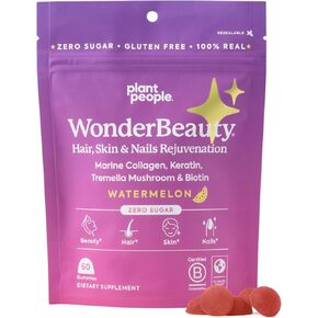 Plant People WonderBeauty Hair, Skin & Nails Rejuvenation Gummies with Tremella Mushroom, Marine Collagen Peptides, Keratin, & Biotin – Watermelon Flavor, 60 Gummies