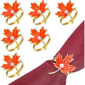Fall Napkin Rings Set of 6- Gold Thanksgiving Napkin Rings, Maple Leaves Napkin Ring Holders with Pearl for Thanksgiving, Weddings, Family Gatherings