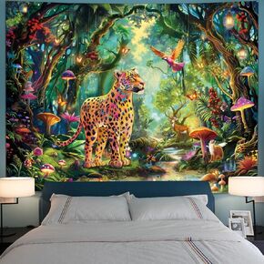 Serborlur Fantasy forest tapestry Blacklight Cheetah Jungle Tapestry Nature Tree Rainforest Tapestry Hippie Boho Mushroom Leopard Wall Tapestry home Decor for Bedroom Living Room (51.2 × 59.1 inches)