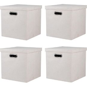 Storage Bins with Lids, Collapsible Linen Fabric Boxes Organizer Containers with Lid Foldable Storage Box Basket for Closet, Shelves, Home, Office, 12 x 12 x 12 Inch, 4 Pack, Beige in Saudi Arabia