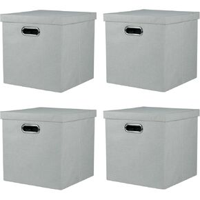 Storage Bins with Lids, Collapsible Linen Fabric Boxes Organizer Containers with Lid Foldable Storage Box Basket for Closet, Shelves, Home, Office, 12 x 12 x 12 Inch, 4 Pack, Beige