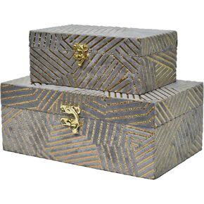 Velvet Decorative Boxes Storage Accessory Organizer with Gold Stripe Set of 2, Light Grey