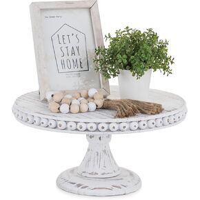 Hanobe White Wood Cake Stand: Cupcake Pedestal Stand 12 inch Dessert Display Riser Rustic Round Cakes Holder Tray Vintage Beads Wooden Plate for Wedding Birthday Decor